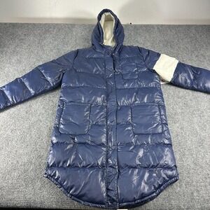 Fila Quilted Puffer Jacket Womens Medium Blue Hooded Long Coat Lusa Logo Warm‎